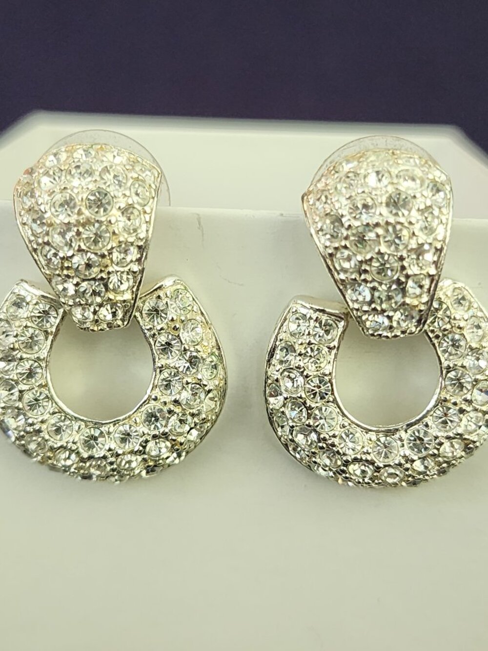 Vintage ROMAN Rhinestone Door Knocker Earrings Silver Tone Pierced Signed